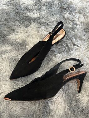 Ted Baker Black Suede & Rose Gold Pointed Slingback Heels